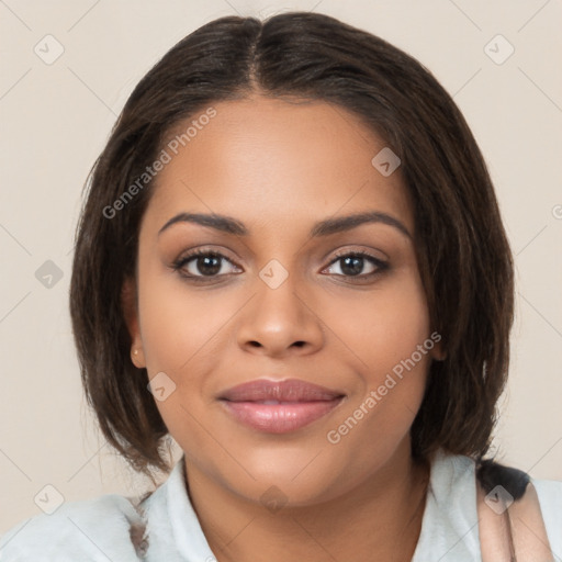 Joyful latino young-adult female with medium  brown hair and brown eyes