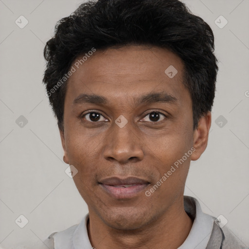 Neutral black adult male with short  black hair and brown eyes