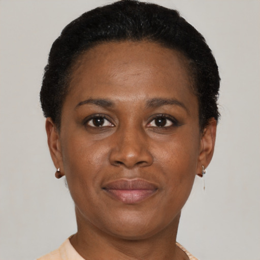 Joyful black adult female with short  brown hair and brown eyes