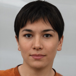 Neutral white young-adult female with short  brown hair and brown eyes