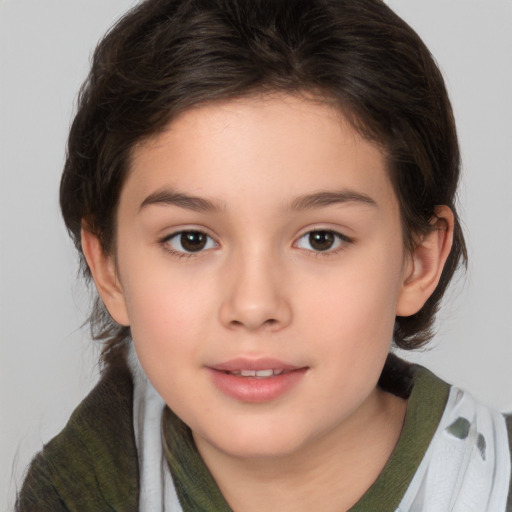 Joyful white child female with medium  brown hair and brown eyes