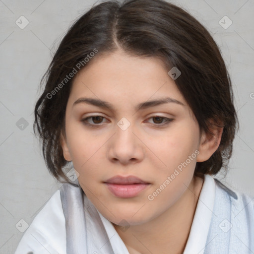 Neutral white young-adult female with medium  brown hair and brown eyes