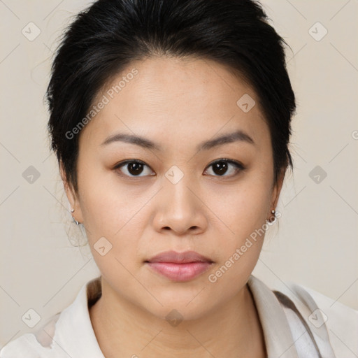 Neutral asian young-adult female with medium  brown hair and brown eyes