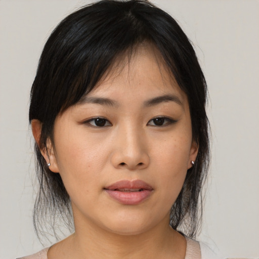 Neutral asian young-adult female with medium  black hair and brown eyes