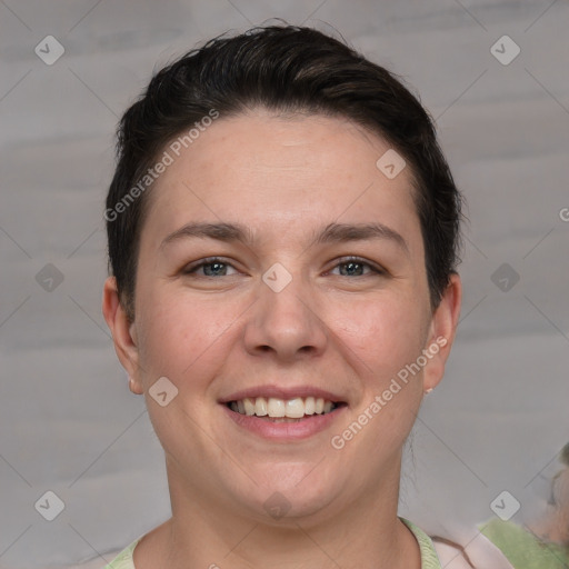 Joyful white young-adult female with short  brown hair and brown eyes