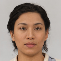 Neutral asian young-adult female with medium  brown hair and brown eyes