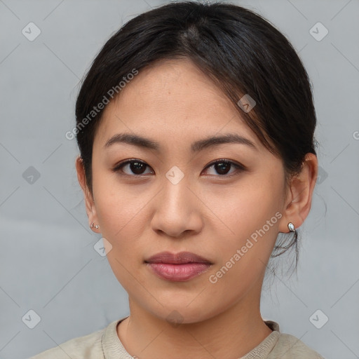 Neutral asian young-adult female with medium  brown hair and brown eyes