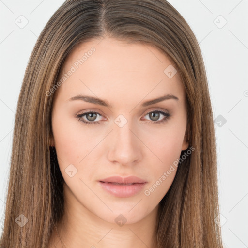 Neutral white young-adult female with long  brown hair and brown eyes