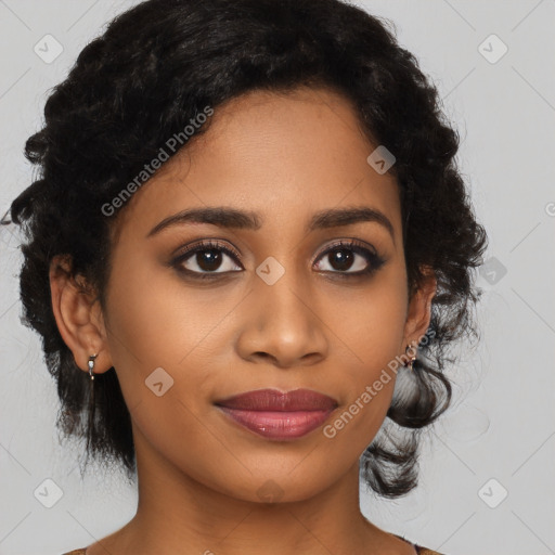 Joyful latino young-adult female with medium  black hair and brown eyes