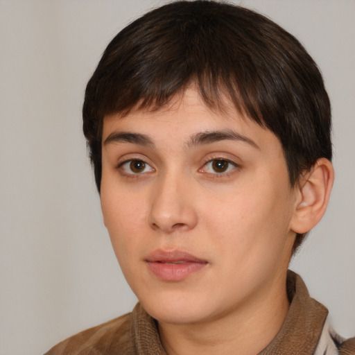 Neutral white young-adult female with short  brown hair and brown eyes