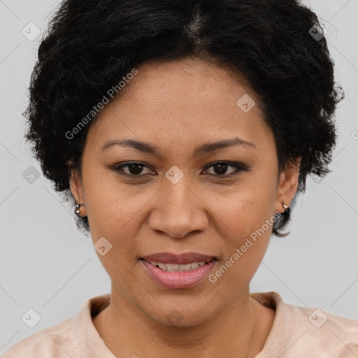 Joyful latino adult female with short  brown hair and brown eyes