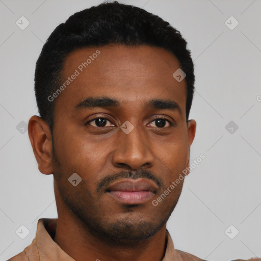 Neutral black young-adult male with short  black hair and brown eyes