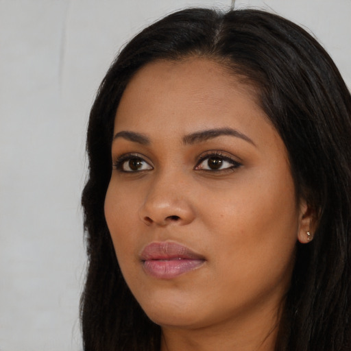 Neutral asian young-adult female with long  black hair and brown eyes