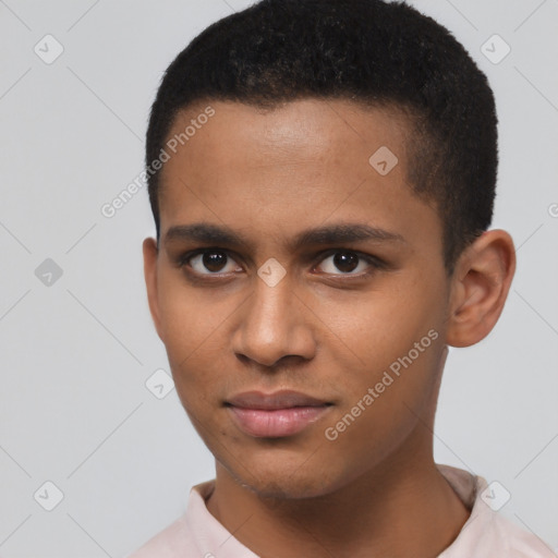 Joyful latino young-adult male with short  brown hair and brown eyes