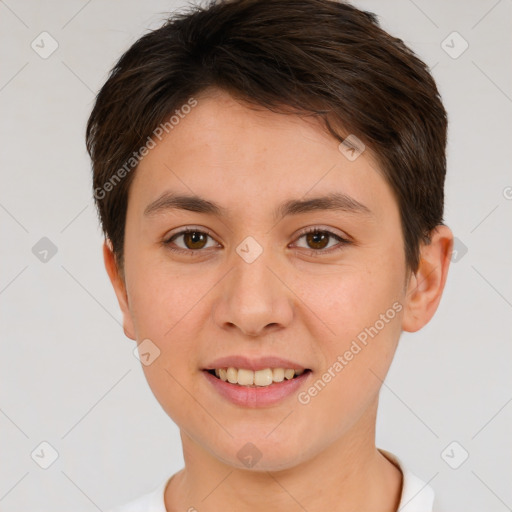 Joyful white young-adult female with short  brown hair and brown eyes