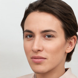 Neutral white young-adult female with short  brown hair and brown eyes