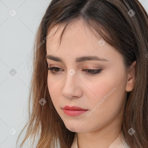 Neutral white young-adult female with long  brown hair and brown eyes