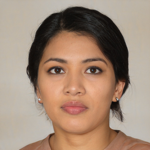 Neutral asian young-adult female with medium  black hair and brown eyes