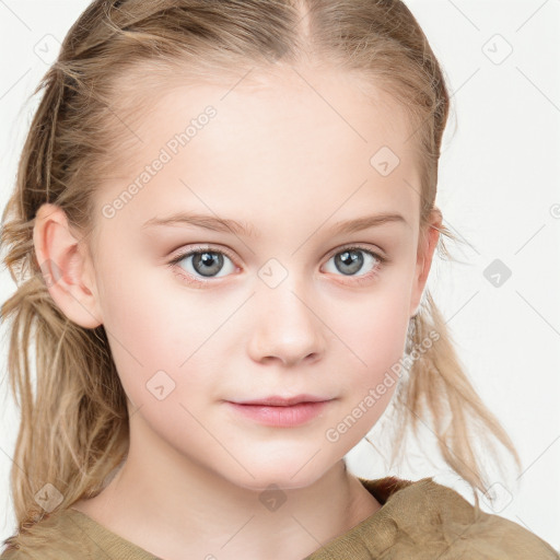 Neutral white child female with medium  brown hair and blue eyes