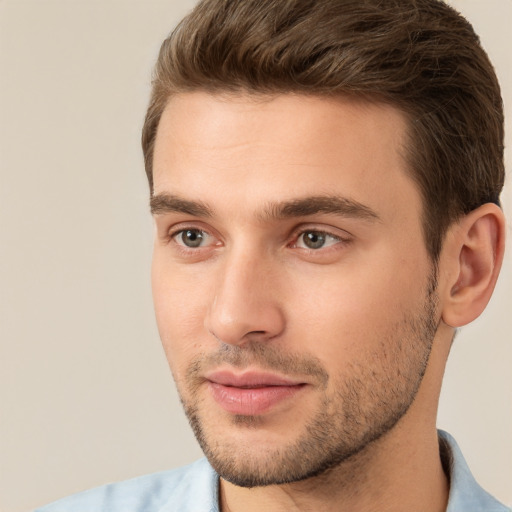 Neutral white young-adult male with short  brown hair and brown eyes