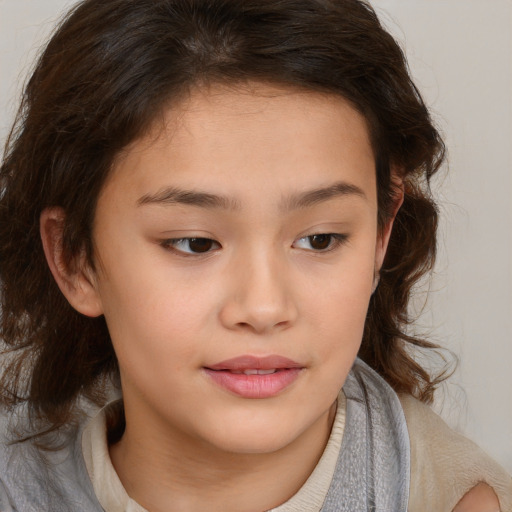 Joyful white child female with medium  brown hair and brown eyes