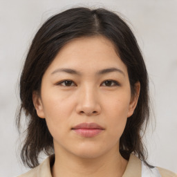 Neutral asian young-adult female with medium  brown hair and brown eyes