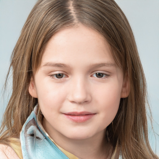 Joyful white child female with medium  brown hair and brown eyes