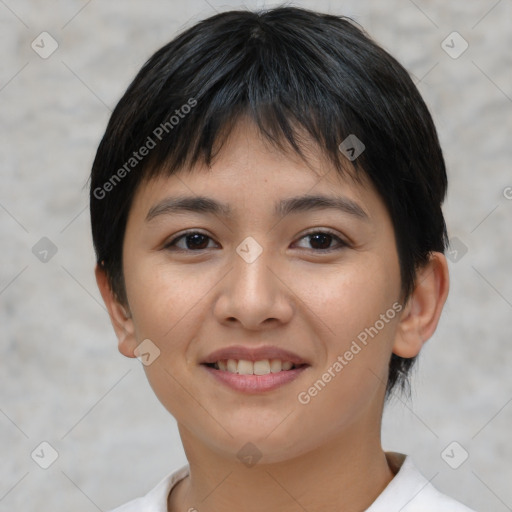 Joyful asian young-adult female with short  black hair and brown eyes