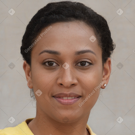 Joyful latino young-adult female with short  brown hair and brown eyes