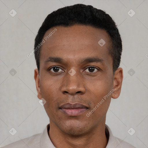 Neutral black young-adult male with short  black hair and brown eyes