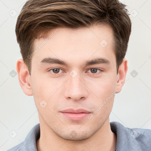 Neutral white young-adult male with short  brown hair and grey eyes