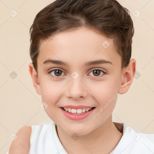 Joyful white child female with short  brown hair and brown eyes