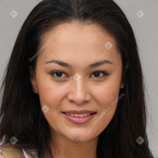 Joyful white young-adult female with long  brown hair and brown eyes