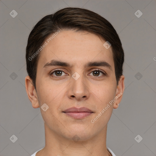 Neutral white young-adult male with short  brown hair and brown eyes