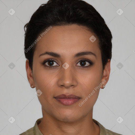 Neutral latino young-adult female with short  black hair and brown eyes