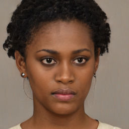 Neutral black young-adult female with short  black hair and brown eyes