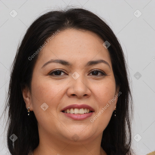 Joyful white adult female with long  brown hair and brown eyes