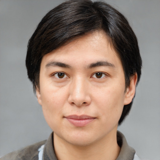 Joyful white young-adult male with medium  brown hair and brown eyes