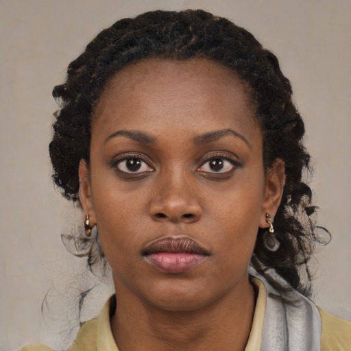 Neutral black young-adult female with medium  black hair and brown eyes