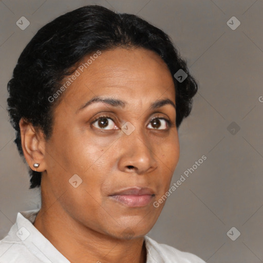 Neutral black adult female with short  brown hair and brown eyes