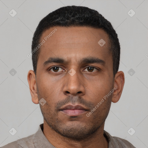 Neutral latino young-adult male with short  black hair and brown eyes