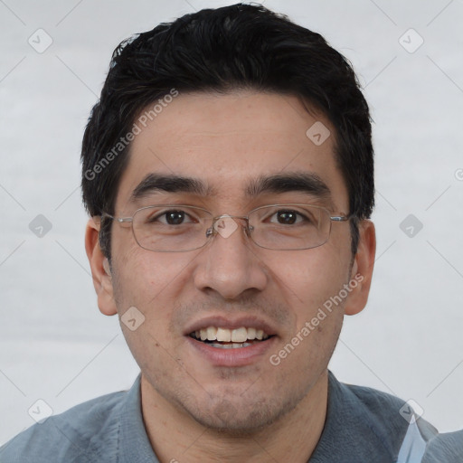 Joyful white young-adult male with short  black hair and brown eyes