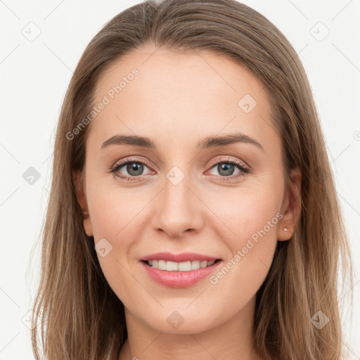 Joyful white young-adult female with long  brown hair and grey eyes