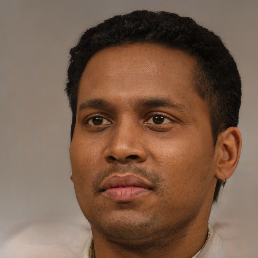 Neutral black young-adult male with short  black hair and brown eyes