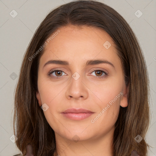 Neutral white young-adult female with long  brown hair and brown eyes