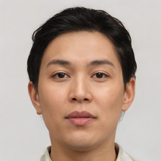 Neutral asian young-adult female with short  brown hair and brown eyes