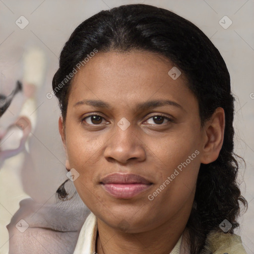 Joyful black young-adult female with medium  brown hair and brown eyes