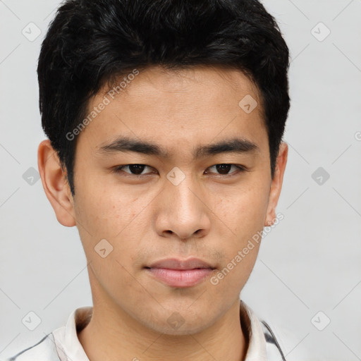 Neutral asian young-adult male with short  brown hair and brown eyes