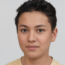 Neutral white young-adult female with short  brown hair and brown eyes