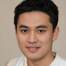 Joyful latino young-adult male with short  brown hair and brown eyes